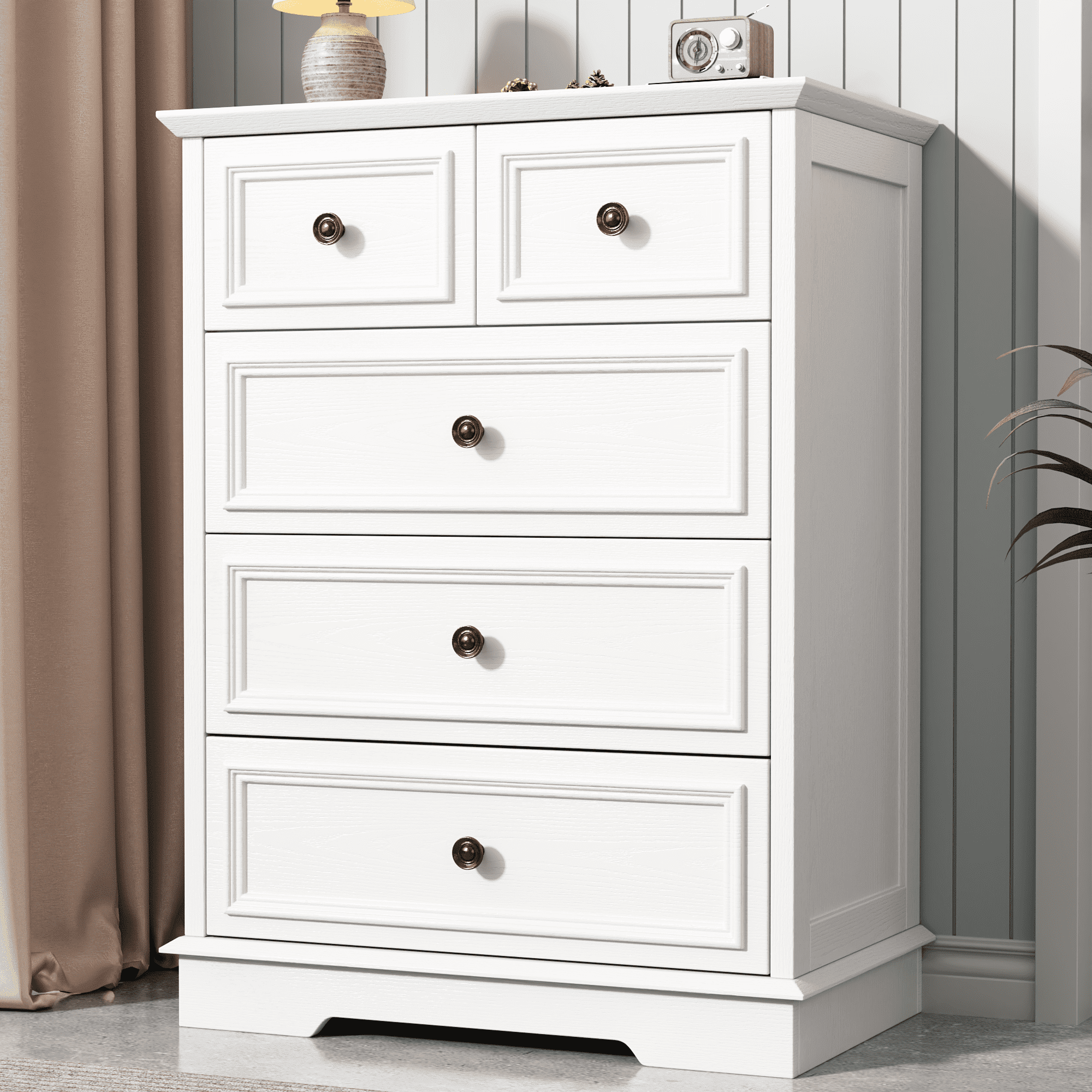 IDEALSOUL 5 Drawer Dresser for Bedroom, White Rustic Style Chest of Drawers, Retro Style 5 Drawer Dresser for Bedroom, Living Room, Bathroom