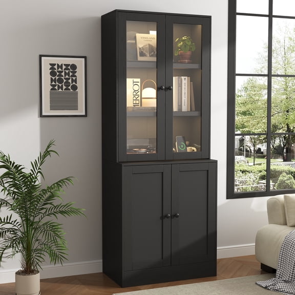 IDEALSOUL 71" Tall Display Cabinet, Black Wooden Bookcase with Door, Cabinet with Charging Station and LED Lights for Living Room, Office, Bedroom