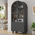 thumbnail image 1 of IDEALSOUL Arched Kitchen Pantry Cabinet, 71" Tall Wood Storage Cabinet with 2 Glass Doors, 4 Shelves and 2 Drawers, Food Cabinet for Kitchen, Living Room, Bedroom(Black), 1 of 13