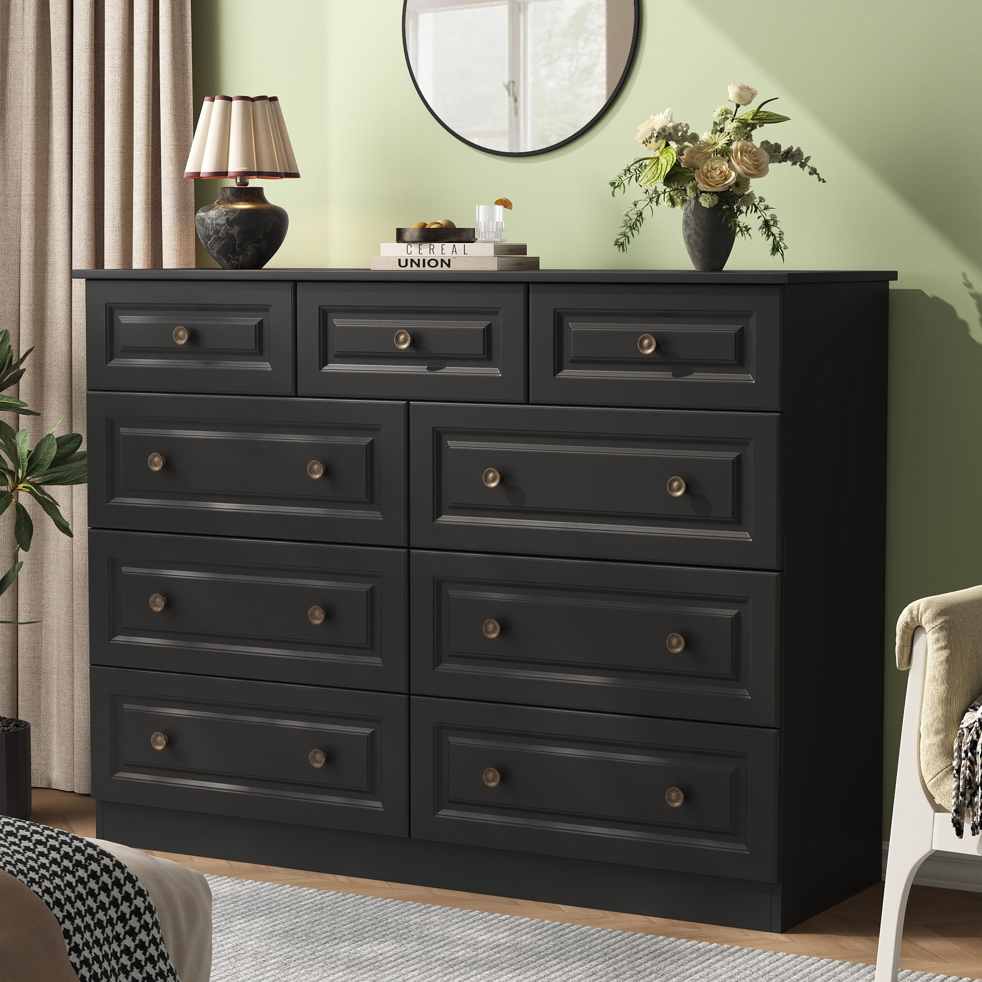 IDEALSOUL Black Dresser for Bedroom, 9 Drawer Dresser with Large Storage,  Retro Storage Cabinet for Bedroom, Living Room, Kitchen
