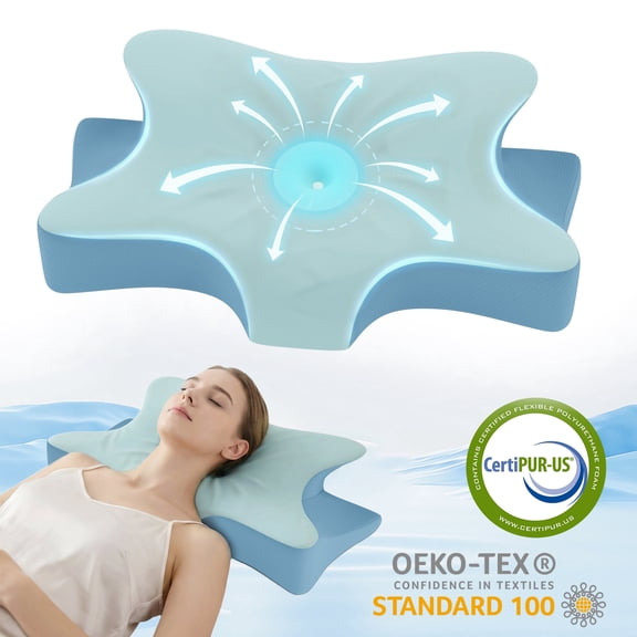 IDEALSOUL Cervical Pillow for Neck Pain Relief, Ergonomic Memory Foam Pillow, Neck Support Pillow with Pillowcase, Deep Blue+Blue