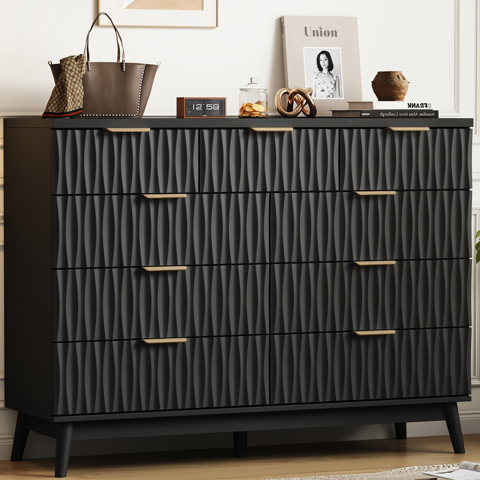 IDEALSOUL Oversized 9 Drawers Dresser for Bedroom, Wave Fluted Chest with Metal Handle, Wooden Dresser TV Stand, Wood Closet Clothes Storage Organizer for Living Room