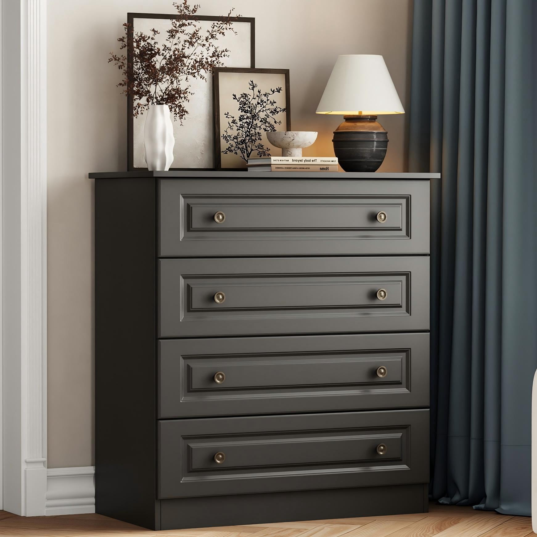 IDEALSOUL 4 Drawer Dresser, Retro Storage Cabinet with Large Space, Chest of Drawers for Bedroom, Hallway, Entryway, Black