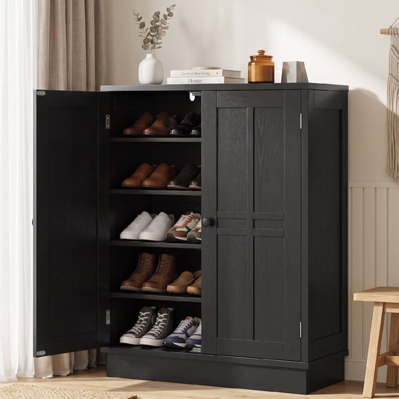 IDEALSOUL Shoe Cabinet with 2 Barn Doors & Wood Legs, 5-Tier Shoe Storage Cabinet with 3 Adjustable Shelves, Tall Shoe Rack Organizer for Closet, Shoe Organizer for Entryway, Black