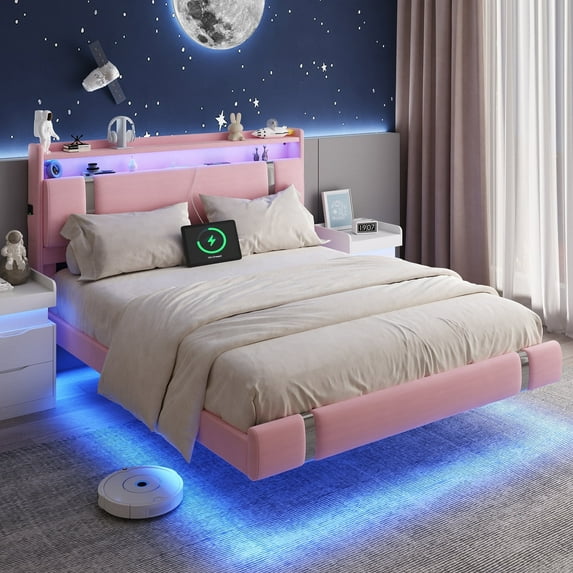 IDEALSOUL Queen Size Bed Frame with LED Lights,Floating Metal Platform Bed with Storage Headboard,No Box Spring Needed,Easy to Assemble (Queen,Pink)