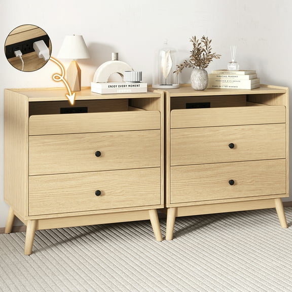 IDEALSOUL Nightstand Set of 2, 24 inch End Side Table with Hidden Charging Station, Large Wooden Night Stand for Bedroom Furniture(2pcs, Wood color)