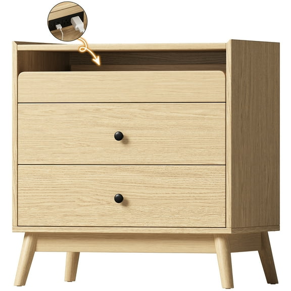 IDEALSOUL Nightstand, 24 inch End Side Table with Hidden Charging Station, Large Wooden Night Stand for Bedroom Furniture(1pcs, Wood color)