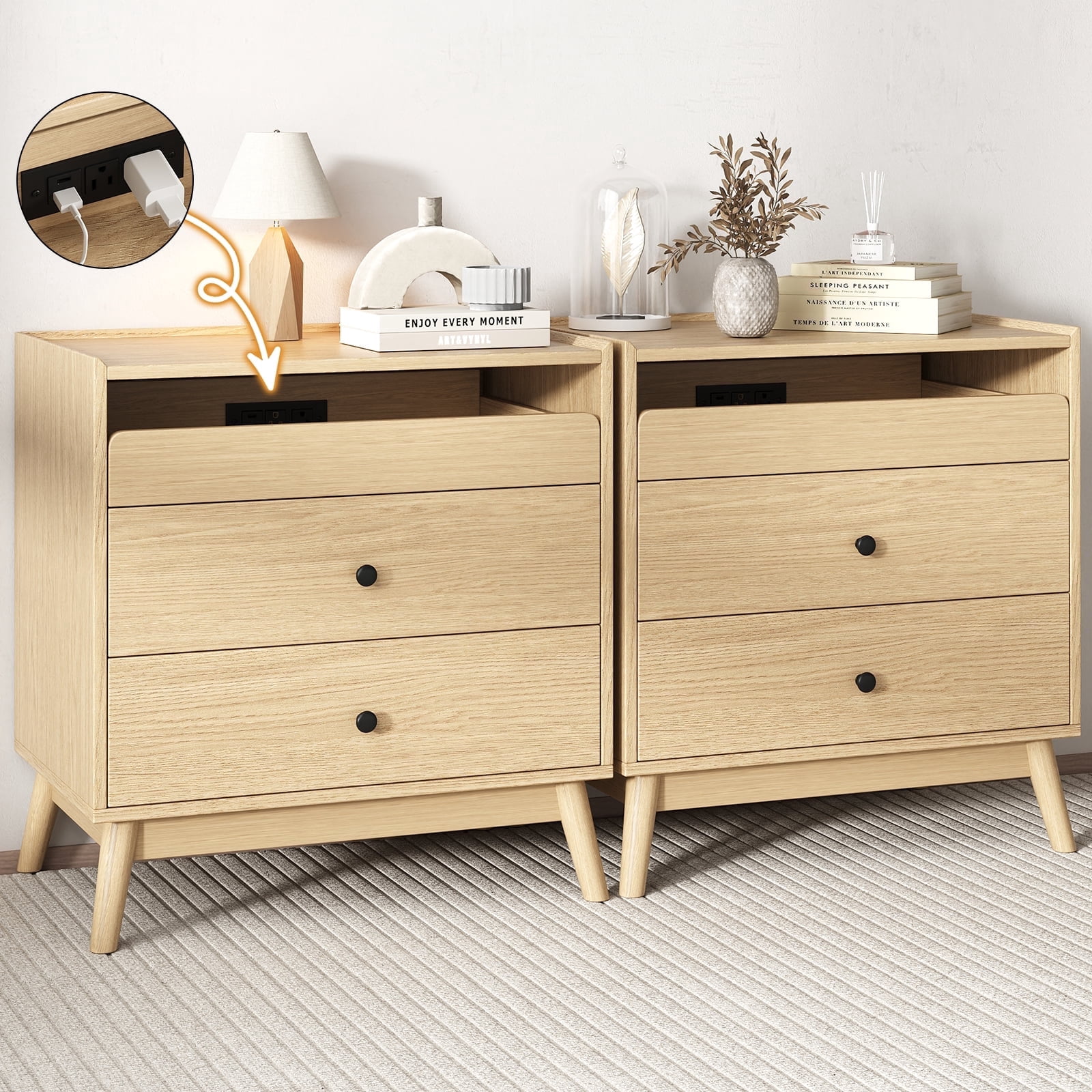 IDEALSOUL Nightstand Set of 2, 24 inch End Side Table with Hidden Charging Station, Large Wooden Night Stand for Bedroom Furniture(2pcs, Wood color)
