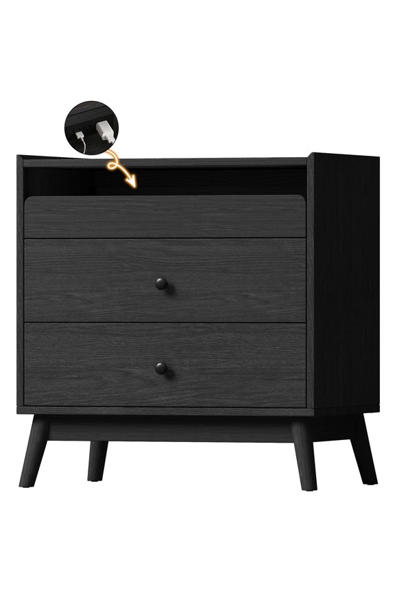 Nightstand, 24 inch End Side Table with Hidden Charging Station, Large Wooden Night Stand for Bedroom Furniture(1pcs, Black)