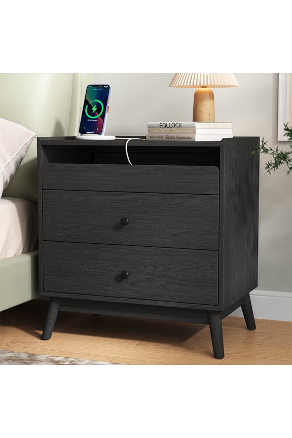 Nightstand, 24 inch End Side Table with Hidden Charging Station, Large Wooden Night Stand for Bedroom Furniture(1pcs, Black)