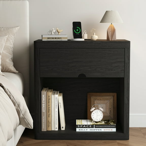 IDEALSOUL Nightstand with Charging Station, 24inch Bedside Table with Curved Top Corners, Crescent Shaped Buckle, Wooden End Table for Bedroom Living Room (1pcs, Black)