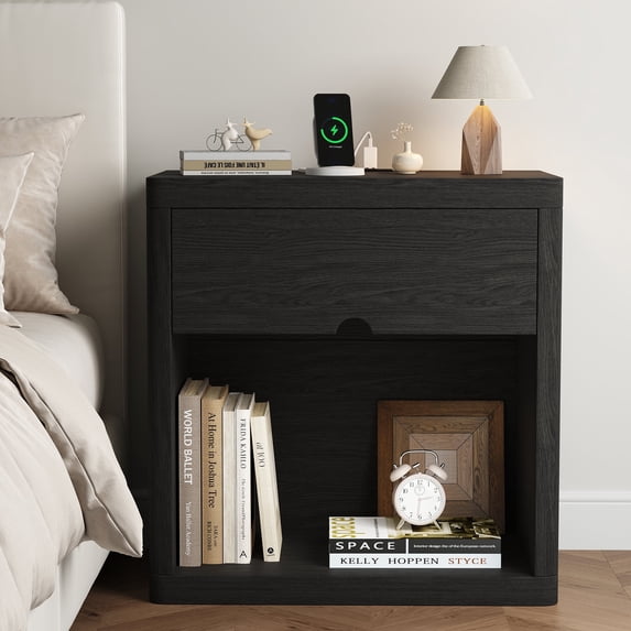 IDEALSOUL Nightstand with Charging Station, 24inch Bedside Table with Curved Top Corners, Crescent Shaped Buckle, Wooden End Table for Bedroom Living Room (1pcs, Black)