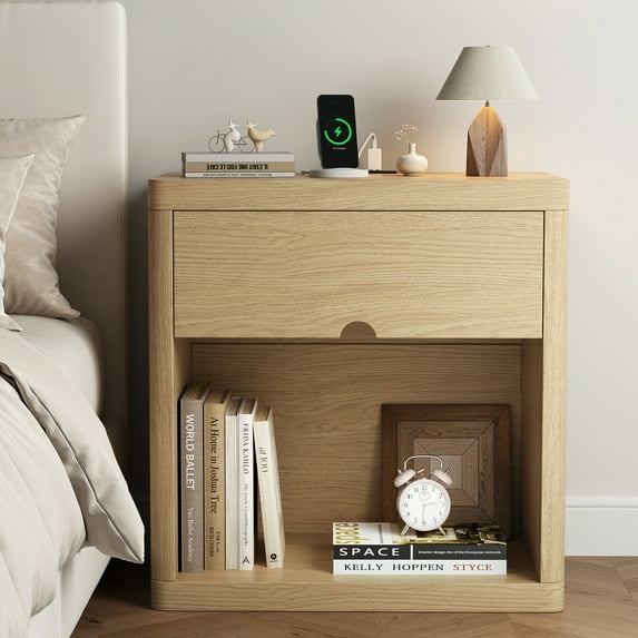 IDEALSOUL Nightstand with Charging Station, 24inch Bedside Table with Curved Top Corners, Crescent Shaped Buckle, Wooden End Table for Bedroom Living Room (1pcs, Wood color)