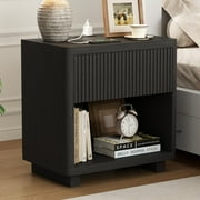 IDEALSOUL Nightstand, 24inch Fluted Bedside Table with Charging Station, End Table with open Storage, Large Wooden Night Stands Bedside for Bedroom Living Room(