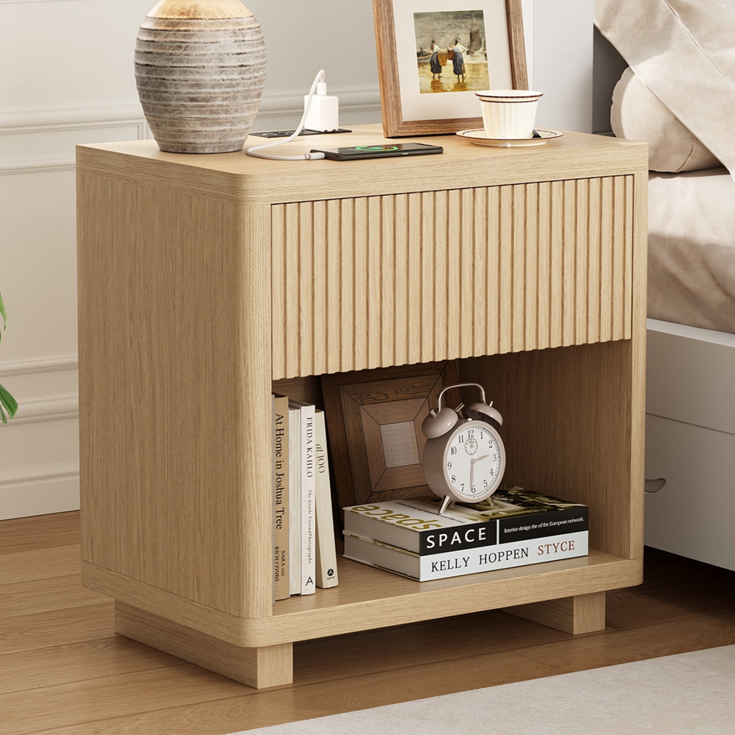 IDEALSOUL Nightstand, 24inch Fluted Bedside Table with Charging Station, End Table with open Storage, Large Wooden Night Stands Bedside for Bedroom Living Room(1pc, Natural Oak)