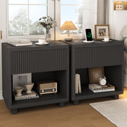 IDEALSOUL Nightstand Set of 2, 24inch Fluted Bedside Table with Charging Station, End Table with open Storage, Large Wooden Night Stands Bedside for Bedroom Living Room(2pcs, Black)