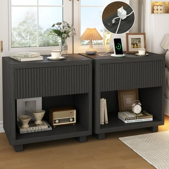 IDEALSOUL Nightstand Set of 2, 24inch Fluted Bedside Table with Charging Station, End Table with open Storage, Large Wooden Night Stands Bedside for Bedroom Living Room(2pcs, Black)