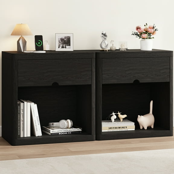 IDEALSOUL Nightstand Set of 2, Nightstand with Charging Station, 24inch Bedside Table with Curved Top Corners, Crescent Shaped Buckle, Wooden End Table for Bedroom Living Room (2pcs, Black)