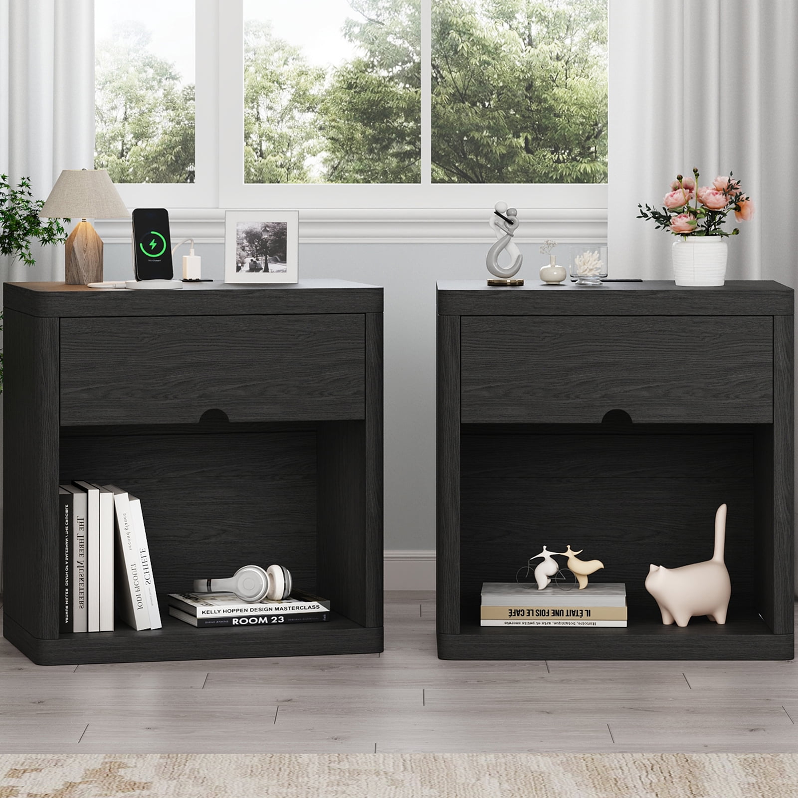 IDEALSOUL Nightstand Set of 2, Nightstand with Charging Station, 24inch Bedside Table with Curved Top Corners, Crescent Shaped Buckle, Wooden End Table for Bedroom Living Room (2pcs, Black)