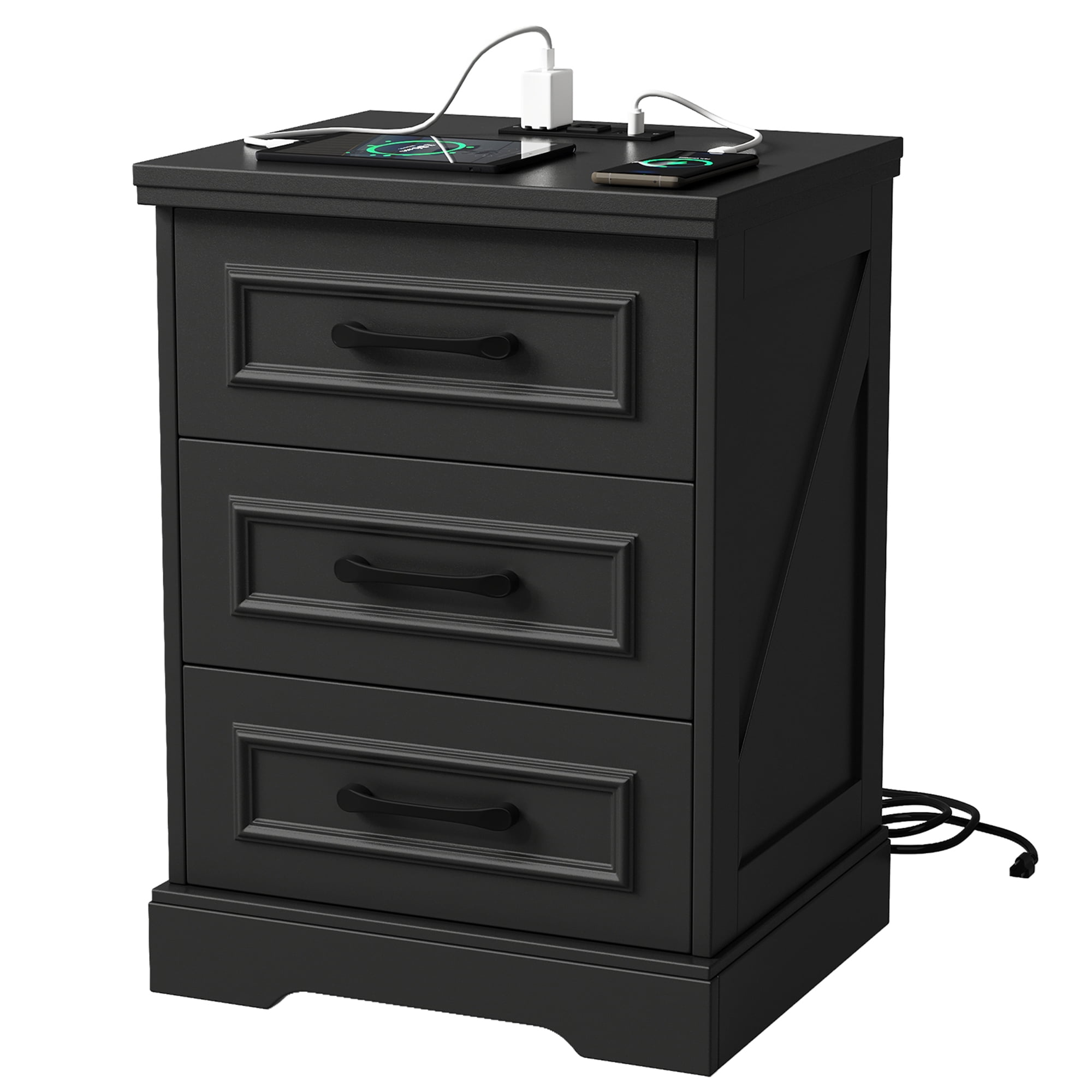 IDEALSOUL Nightstand for bedroom, Black Farmhouse End Table with Charging Station,3 Drawers Storage