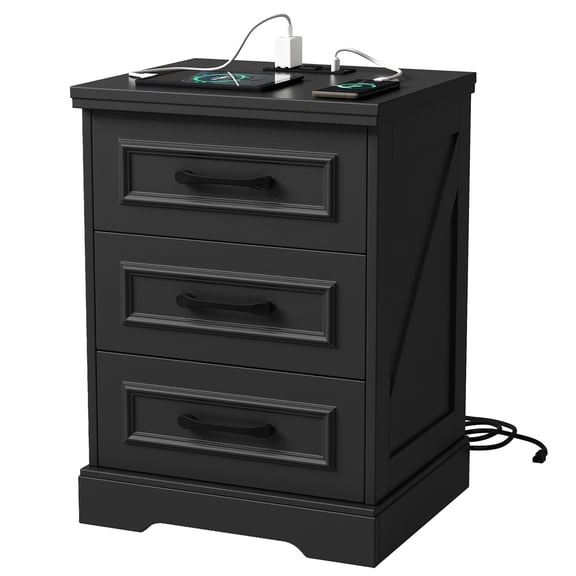 IDEALSOUL Nightstand for bedroom, Black Farmhouse End Table with Charging Station,3 Drawers Storage