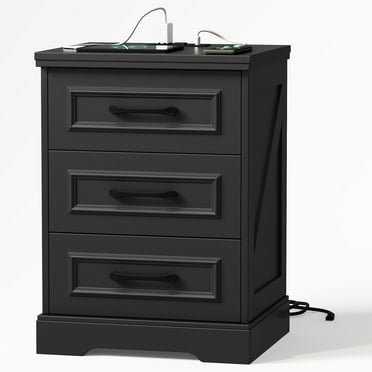 IDEALSOUL Nightstand for bedroom,Black Farmhouse End Table with Charging Station,3 Drawers Storage
