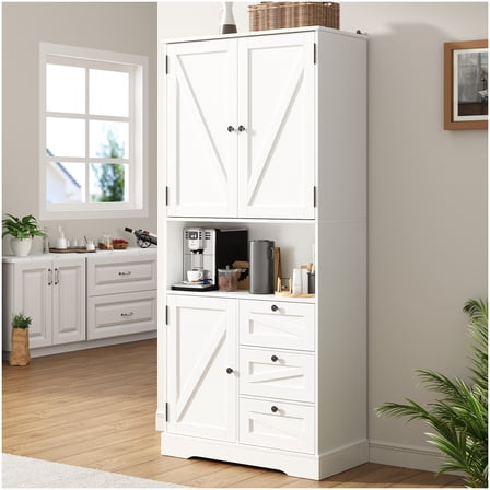 IDEALSOUL Pantry Storage Cabinet, White Kitchen Storage Cabinet with Doors and Shelves, 72”H Pastoral Style Wooden Pantry Cabinet for Kitchen, Living Room, Bathroom