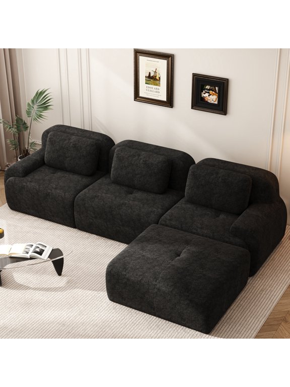 Sectional Sofa, 118" L-Shaped Modular Cloud Couch, Unique Chenille Fabric Couches and Sofas, Compression Sofa No Assembly Required(Black)