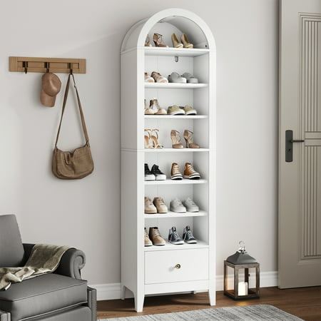 Arched Cabinet, 71" Tall Kitchen Pantry Cabinet, 8 Tiers Arched storage Cabinet with Doors and Shelves, Bookcase for Entryway, Hallway, Living Room, White