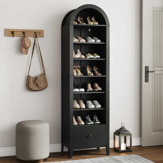 Arched Cabinet, 71" Tall Kitchen Pantry Cabinet, 8 Tiers Arched storage Cabinet with Doors and Shelves, Bookcase for Entryway, Hallway, Living Room, Black