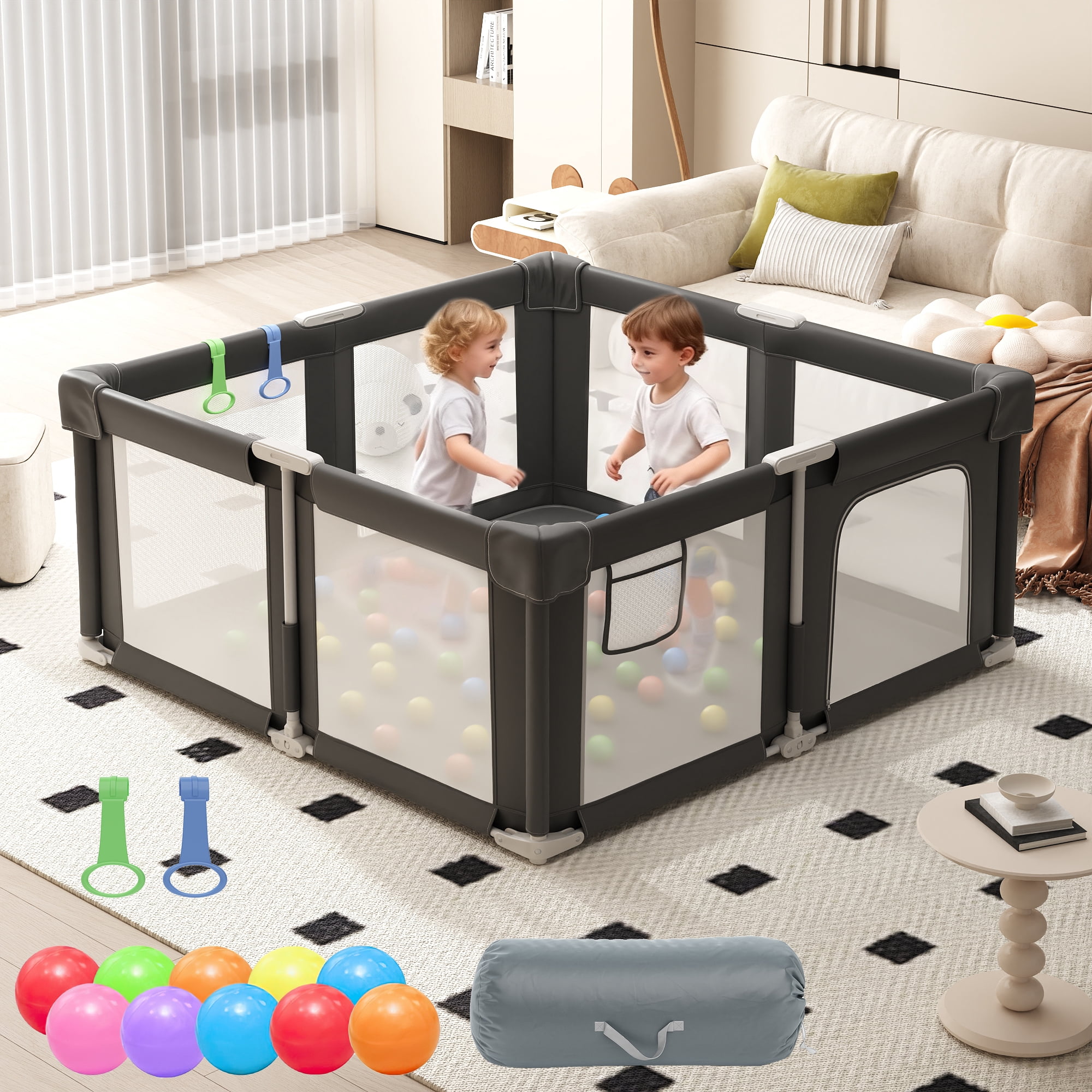 IDEALSOUL Square Baby Playpen, 51”W Baby Playards with Storage Bag, Foldable Child Play Yard with Breathable Mesh for Indoor&Outdoor, Black