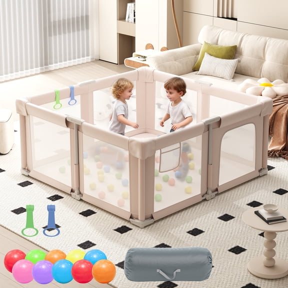 IDEALSOUL Square Baby Playpen, 51”W Baby Playards with Storage Bag, Foldable Child Play Yard with Breathable Mesh for Indoor&Outdoor, Pink