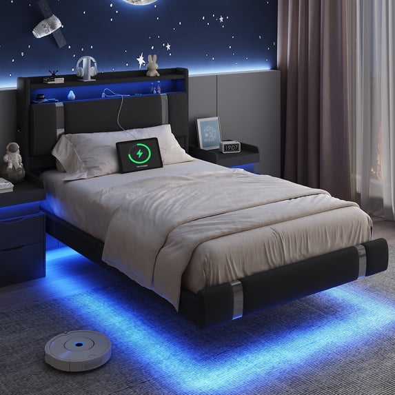 IDEALSOUL Twin Size Bed Frame with LED Lights,Floating Metal Platform Bed with Storage Headboard,No Box Spring Needed,Easy to Assemble (Twin,Black)