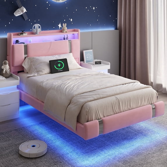 IDEALSOUL Twin Size Floating Bed Frame with Upholstered Storage Headboard, Metal Platform Bed with Charging Station & LED,No Box Spring Needed,Easy to Assemble (Twin,Pink)