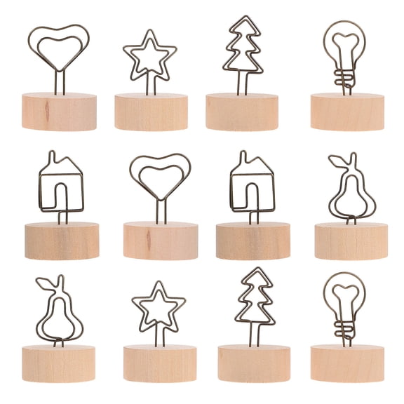 IDEANATEGRATE 12Pcs Light Brown Wooden Memo Clip with Iron Base for Desktop Accessories Home and Office Use 2.4x1.6in