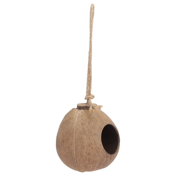 IDEANATEGRATE Yellow Coconut Shell Bird Nest, Wooden Jute Bird Hut Shelter, Cage Accessory for Canaries, Parrots, Parakeets