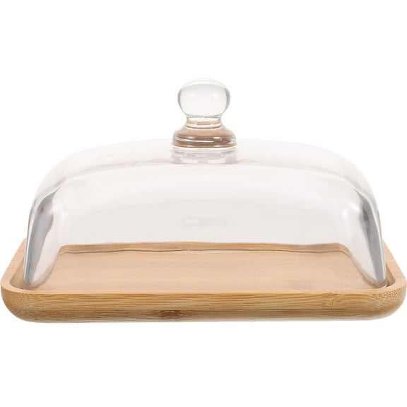 IDEANATEGRATE 1Pcs Khaki Round Cake Stand with Dome Lid Glass Wood Display for Household Users Event Organizers