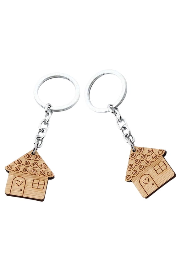 2Pcs Charming House Shape Keychains Wooden Zinc Alloy Couples Key Holder Everyday Use 3.50X3.00X0.30Cm