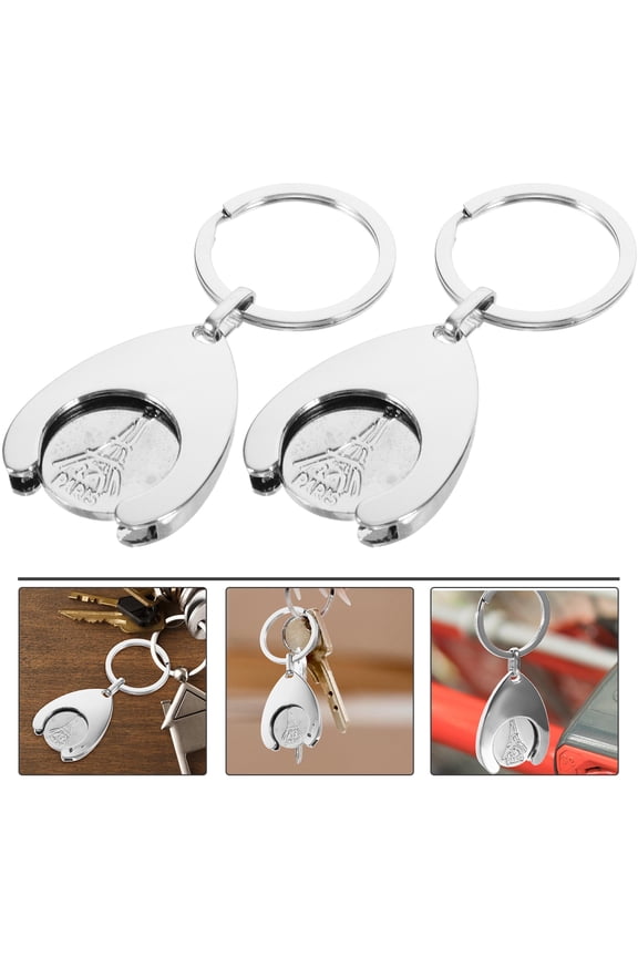 2Pcs Zinc Alloy Trolley Coin Holder Keychain Silver Shopping Cart Token Pendant 1.0X1.4X0.2in