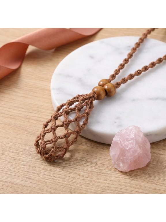 3 Pack Macrame Pouch Necklaces, Adjustable Cord Crystal Stone Pendant Holder, Woven Amulet Cage Jewelry for Gems