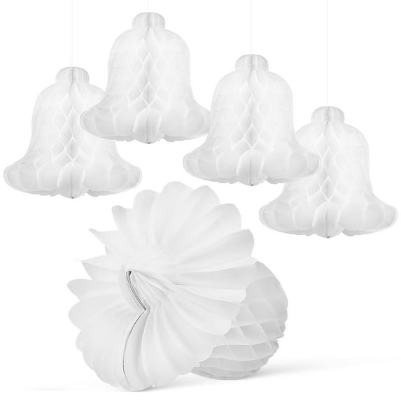 IDEANATEGRATE 5Pcs White Paper Honeycomb Bells for Wedding and Party 11.8In