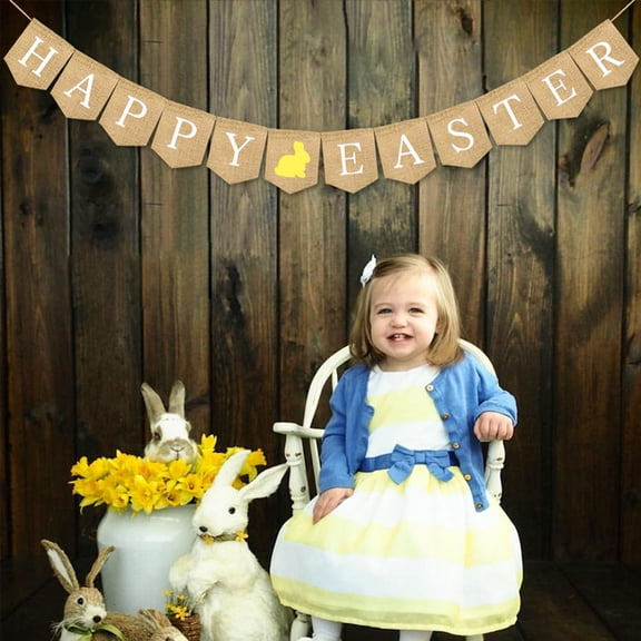 IDEANATEGRATE Easterbunny Banner 17X5.1In Burlap Flags 1Set For Spring Party Decorations