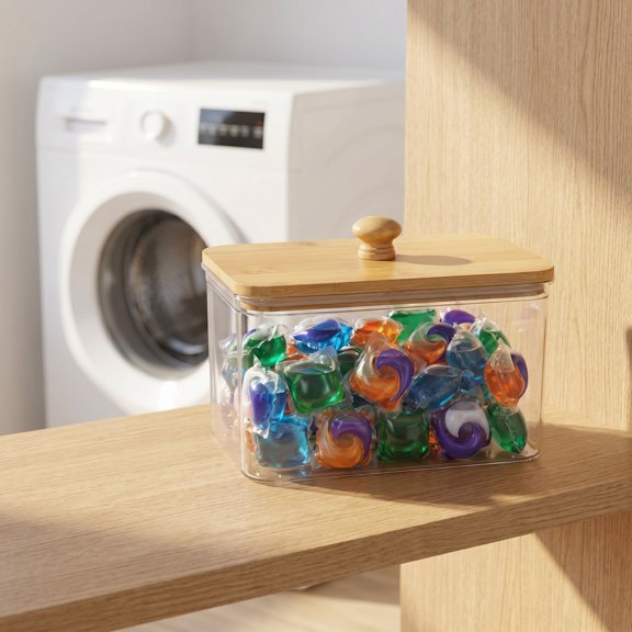 IDEANATEGRATE Laundry Room Storage Containers 1Set Transparent Rectangular Bamboo Wood Material for Organization