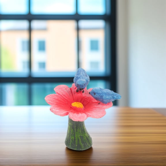 IDEANATEGRATE Miniature Model Compact Pink Iron Mini Garden Birds on Flower Statue 1Pack Micro Landscape Ornaments