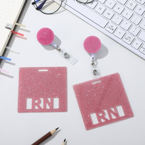 IDEANATEGRATE Nurse Name Tag Badge Card with Glitter Pink Acrylic 2Pcs for Professionals