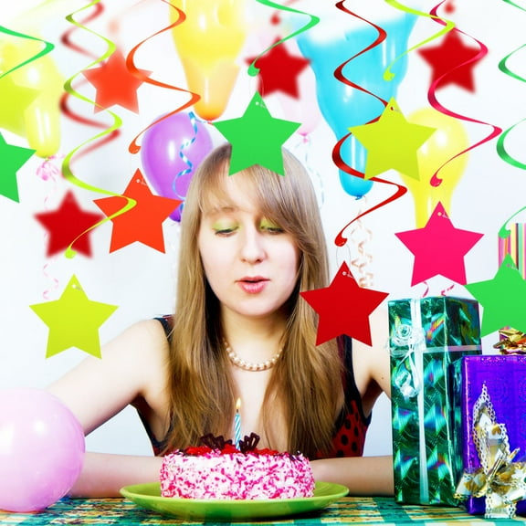 IDEANATEGRATE Party Organizers Hanging Swirls With Stars Design In Vibrant Neon Colors For New Year Celebrations 1Set