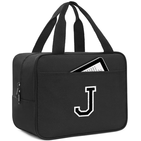 IDEATECH Lunch Box for Men, Insulated Bag Women, Personalized Initials Tote Bag, Reusable Small Cute Cooler Monogrammed Lunchbox Work (Black, J)