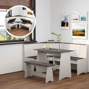 IDEK Breakfast Nook Table Set for Kitchen - Space Saving L Shaped Corner Dining Table Set with Bench Seating for Dining Room Apartment, White and Gray