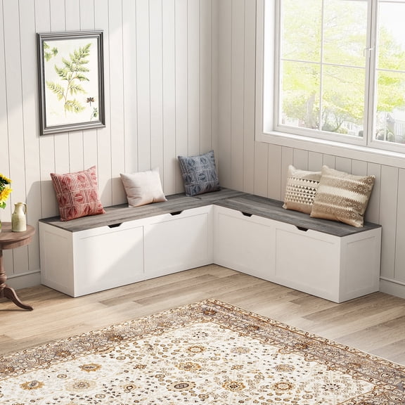 IDEK L Shaped Breakfast Nook Bench with Storage,Space-Saving Corner Bench for Kitchen, Living Room, White and Gray