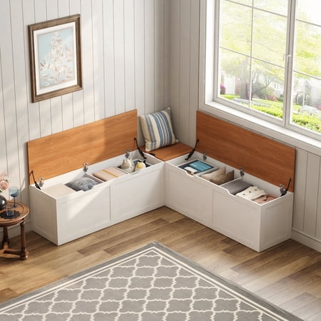 IDEK L Shaped Breakfast Nook Bench with Storage,Space-Saving Corner Bench for Kitchen, Living Room, White and Oka
